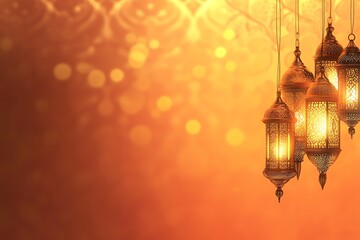 banner orange Ornate Islamic hanging lamps glow with golden light on a gradient emerald-green-to-gold background, perfect for festive Ramadan messages and designs