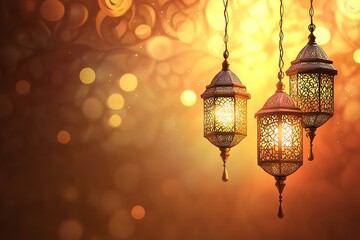 banner orange Ornate Islamic hanging lamps glow with golden light on a gradient emerald-green-to-gold background, perfect for festive Ramadan messages and designs