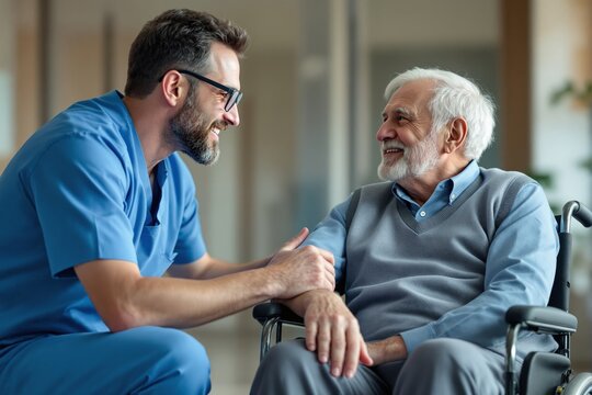 Male nurse in blue scrubs interacting with an elderly man in a wheelchair on a warm indoor background. Concept of healthcare, caregiving, and support. Ai generative - Powered by Adobe