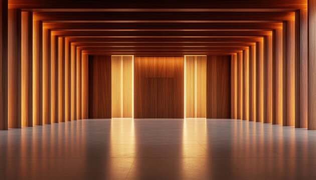 modern architectural interior featuring wooden beams and warm lighting, creating serene atmosphere. space is designed for versatility and elegance, ideal for various events