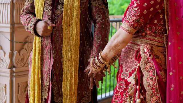 Couple leans towards each other, taking hands, dressed in traditional red Indian clothes, Elements of Hindu wedding. Close up