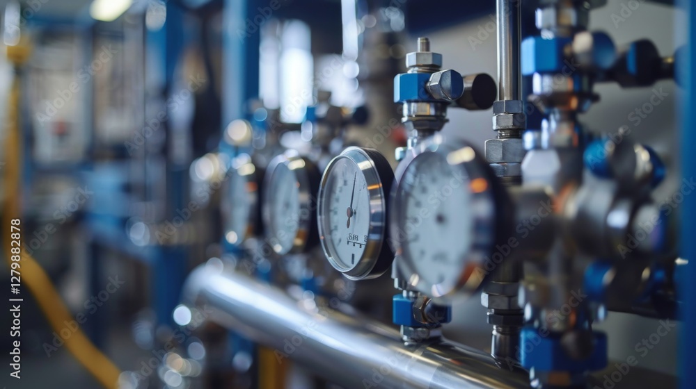 Poster Close up view of pressure gauges and piping within an industrial setting, illustrating the detailed machinery involved in monitoring and controlling operational parameters.