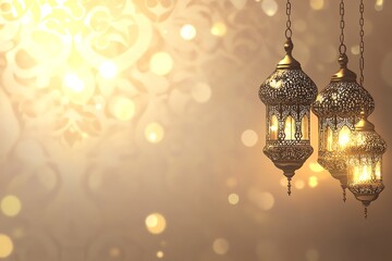 banner orange Ornate Islamic hanging lamps glow with golden light on a gradient emerald-green-to-gold background, perfect for festive Ramadan messages and designs