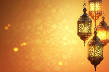 banner orange Ornate Islamic hanging lamps glow with golden light on a gradient emerald-green-to-gold background, perfect for festive Ramadan messages and designs