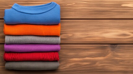 Colorful Folded Sweaters Stacked on Wooden Table Background