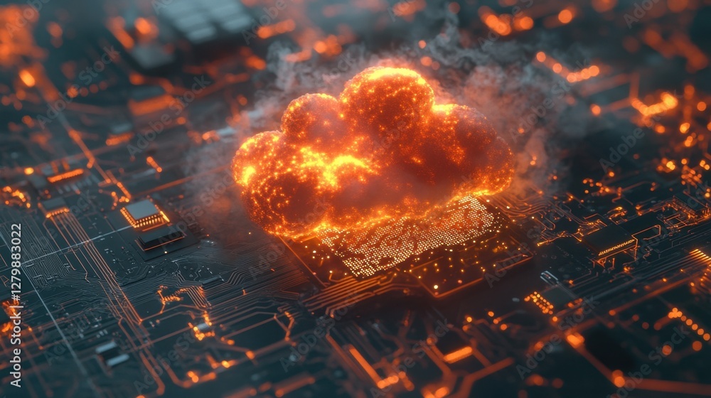 Aufkleber 3d visualization of a glowing cloud connected to a futuristic microchip, symbolizing seamless techno