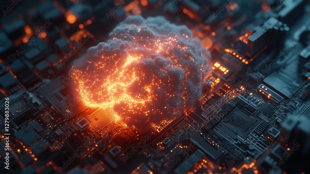 Poster 3d visualization of a glowing cloud connected to a futuristic microchip, symbolizing seamless techno