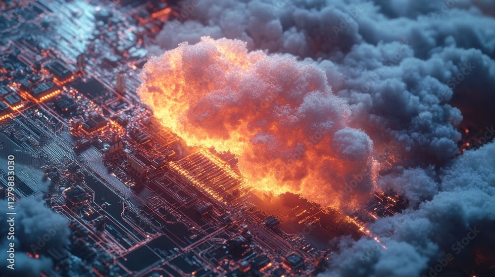 Poster 3d visualization of a glowing cloud connected to a futuristic microchip, symbolizing seamless techno
