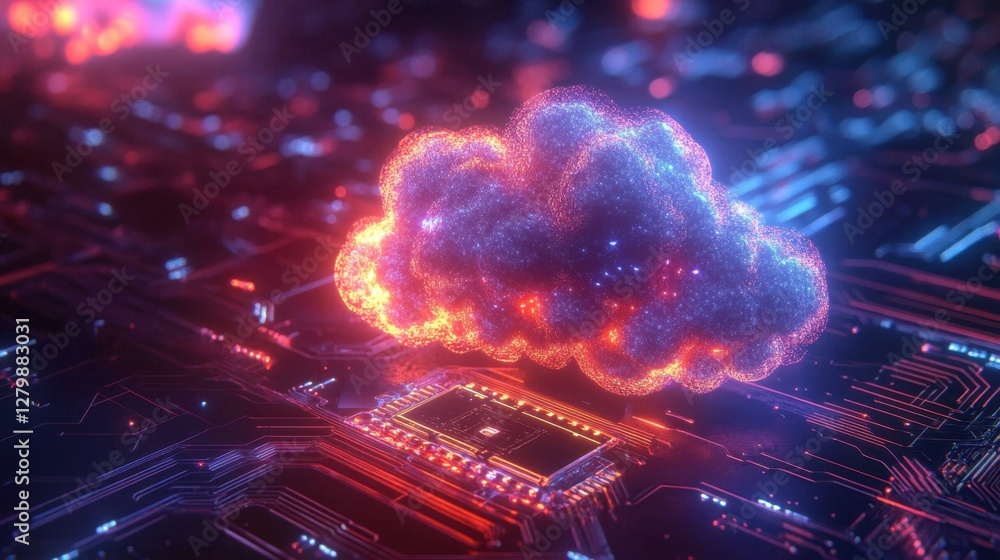 Poster 3d visualization of a glowing cloud connected to a futuristic microchip, symbolizing seamless techno