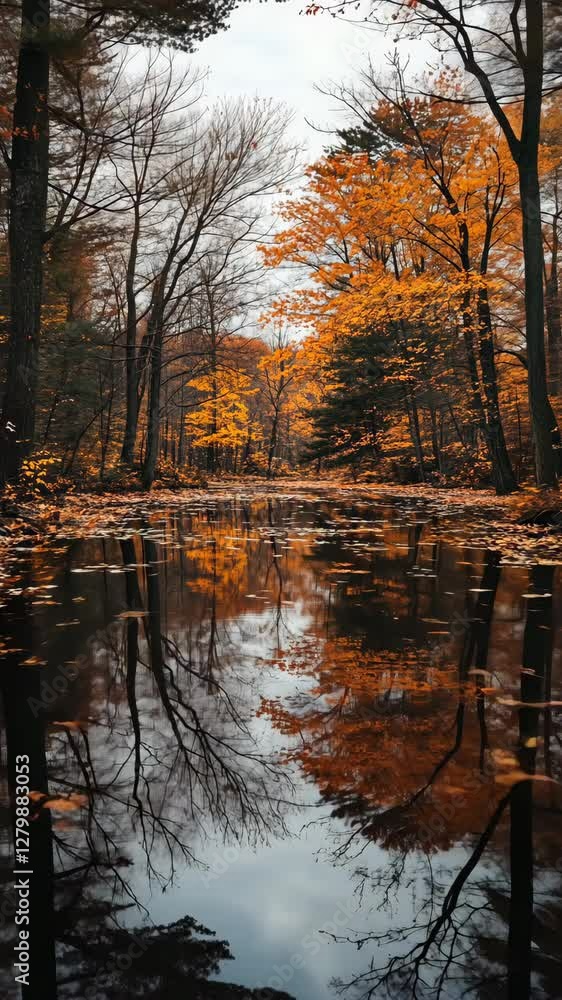 Poster autumn colors reflect in a tranquil stream surrounded by trees in a serene forest setting