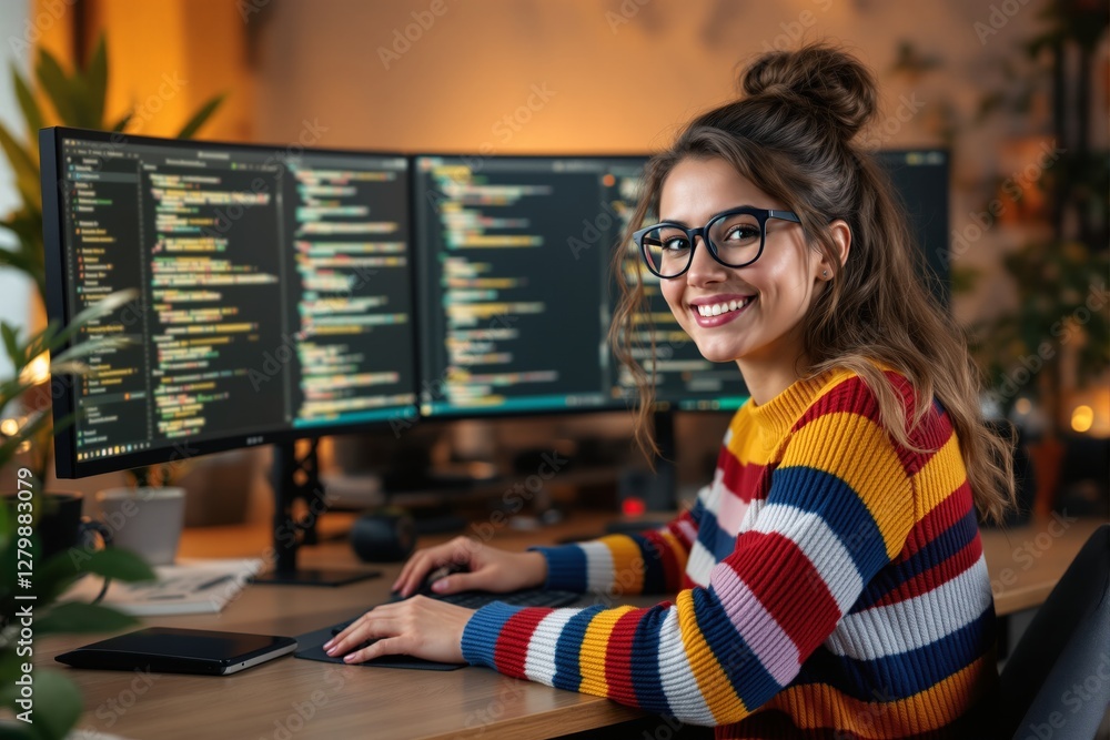 Poster woman in glasses and colorful sweater coding on dual monitors in cozy workspace with warm lighting a