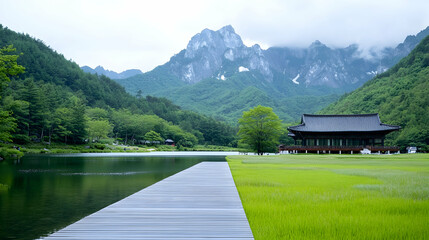 Fototapeta premium Traditional East Asian pavilion stands beside a calm lake and green lawn under misty mountains.