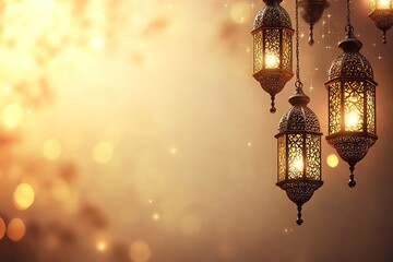 banner orange Ornate Islamic hanging lamps glow with golden light on a gradient emerald-green-to-gold background, perfect for festive Ramadan messages and designs