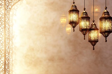 banner orange Ornate Islamic hanging lamps glow with golden light on a gradient emerald-green-to-gold background, perfect for festive Ramadan messages and designs