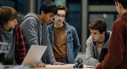 A group of young men are gathered around a laptop