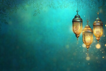 green bannre Ornate Islamic hanging lamps glow with golden light on a gradient emerald-green-to-gold background, perfect for festive Ramadan messages and designs