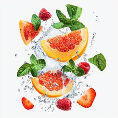 Naklejka premium Fresh Summer Fruits Splash with Raspberries, Mint Leaves, and Water Droplets in Vibrant Colors