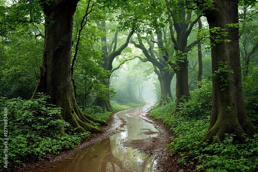 Poster a winding muddy path with puddles through a dense misty forest, surrounded by vibrant green trees an