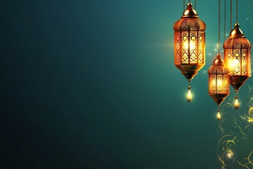 green bannre Ornate Islamic hanging lamps glow with golden light on a gradient emerald-green-to-gold background, perfect for festive Ramadan messages and designs