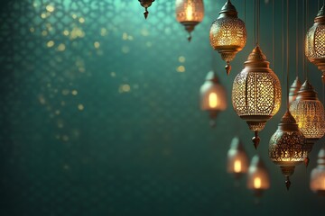 green bannre Ornate Islamic hanging lamps glow with golden light on a gradient emerald-green-to-gold background, perfect for festive Ramadan messages and designs