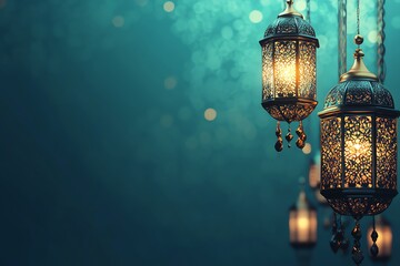 green bannre Ornate Islamic hanging lamps glow with golden light on a gradient emerald-green-to-gold background, perfect for festive Ramadan messages and designs