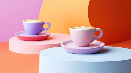 Colorful coffee cups on pastel platforms with vibrant background showcasing modern design