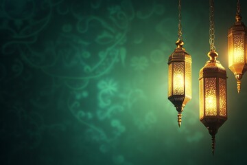 green bannre Ornate Islamic hanging lamps glow with golden light on a gradient emerald-green-to-gold background, perfect for festive Ramadan messages and designs