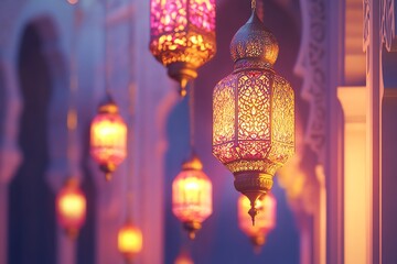 banner for ramadhan , Ornate Islamic hanging lamps glow with golden light on a gradient emerald-oink-to-purple,  background, perfect for festive Ramadan messages and designs.