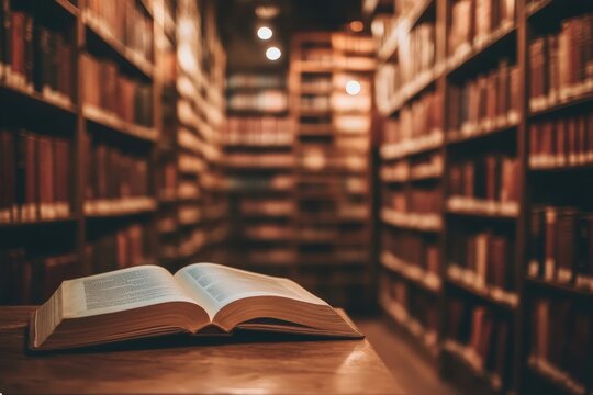 Open book resting on a wooden table in an old library filled with shelves of books and warm ambient lighting