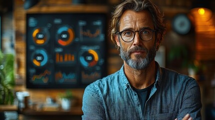 Fototapeta premium Serious businessman, office charts, wood background, business portrait