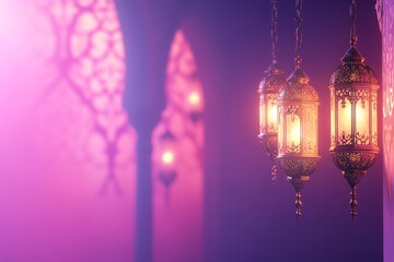 banner for ramadhan , Ornate Islamic hanging lamps glow with golden light on a gradient emerald-oink-to-purple,  background, perfect for festive Ramadan messages and designs.