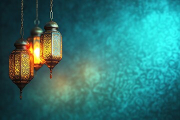 green bannre Ornate Islamic hanging lamps glow with golden light on a gradient emerald-green-to-gold background, perfect for festive Ramadan messages and designs