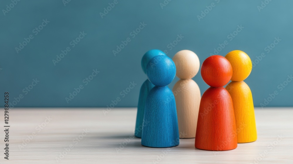 Poster group of colorful wooden figures symbolizing unity, diversity, and teamwork in a creative workspace 