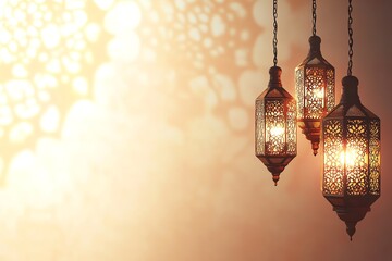 banner orange Ornate Islamic hanging lamps glow with golden light on a gradient emerald-green-to-gold background, perfect for festive Ramadan messages and designs