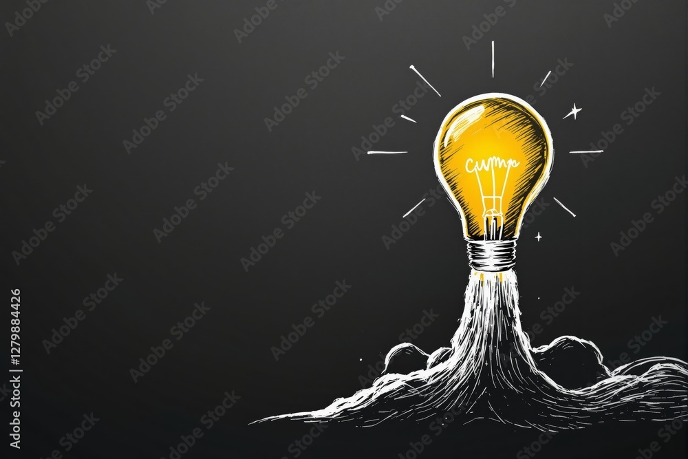Poster light bulb launching like a rocket in sketch style on dark background, symbolizing innovation and cr