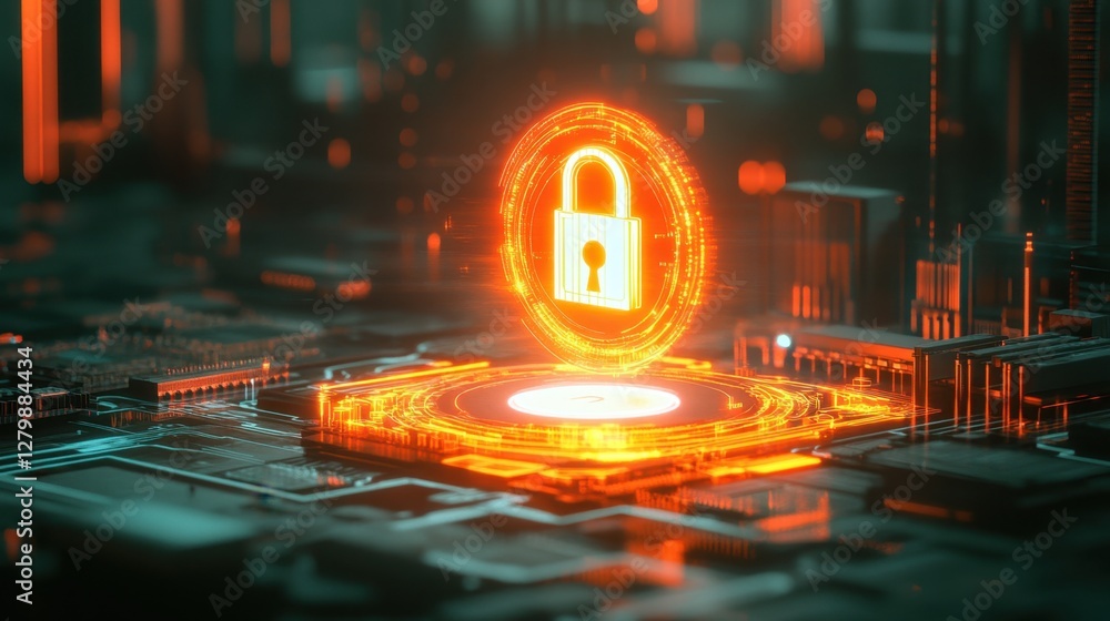 Poster a glowing digital padlock hovering over a circuit board, symbolizing advanced cybersecurity and data
