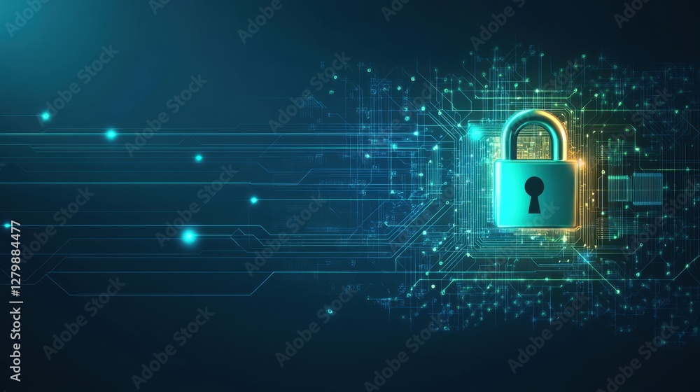 Poster a glowing digital padlock hovering over a circuit board, symbolizing advanced cybersecurity and data