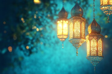 green bannre Ornate Islamic hanging lamps glow with golden light on a gradient emerald-green-to-gold background, perfect for festive Ramadan messages and designs