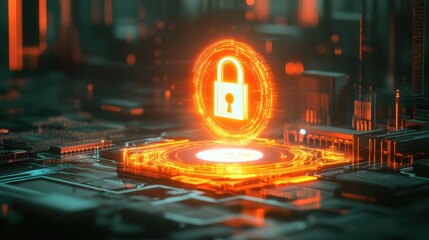 A glowing digital padlock hovering over a circuit board, symbolizing advanced cybersecurity and data protection