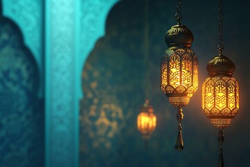 green bannre Ornate Islamic hanging lamps glow with golden light on a gradient emerald-green-to-gold background, perfect for festive Ramadan messages and designs
