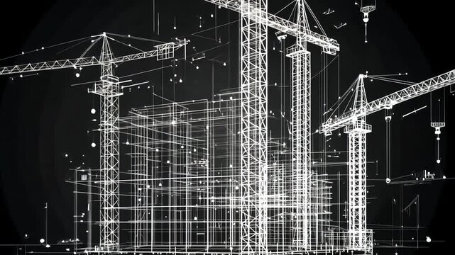 Futuristic video concept of construction cranes in wireframe style, viewed from a low angle, highlighting architectural innovation.