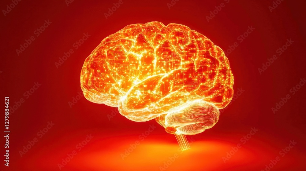 Poster a glowing human brain connected to neural circuits on a vivid red background, symbolizing advanced t