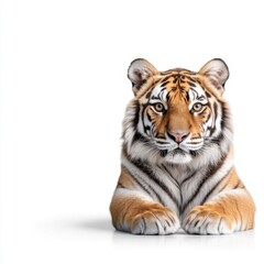 Naklejka premium Majestic Close-Up Portrait of a Realistic Tiger Relaxing on a White Background