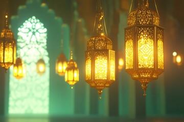 green bannre Ornate Islamic hanging lamps glow with golden light on a gradient emerald-green-to-gold background, perfect for festive Ramadan messages and designs