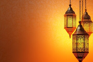 banner orange Ornate Islamic hanging lamps glow with golden light on a gradient emerald-green-to-gold background, perfect for festive Ramadan messages and designs