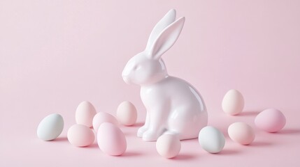 Fototapeta premium White ceramic rabbit sits among pastel colored eggs on a pink background for festive spring decoration