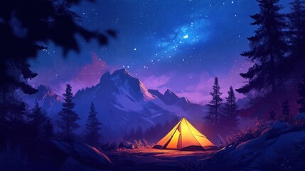 A glowing tent in a dark forest on a mountain under the Milky Way, perfect for an outdoor adventure scene.