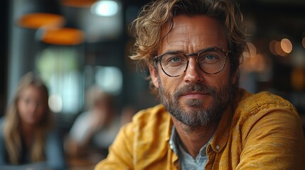 Obraz premium Man in glasses cafe portrait, blurred background