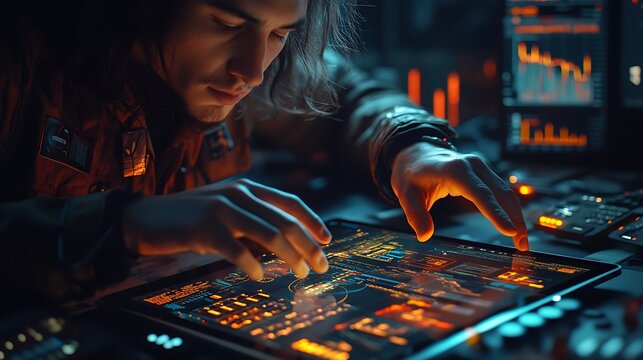 Close-up of a trader's hands interacting with a live heatmap app on a tablet, surrounded by scattered charts and a smartphone, soft ambient lighting, vibrant details, cinematic realism. --ar 16:9