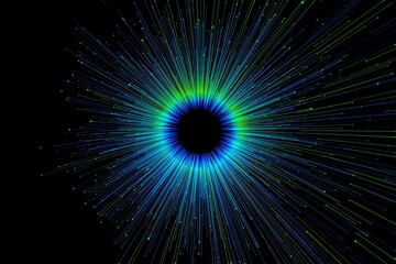 Abstract radial burst of blue and green light streaks forming a circular pattern on dark background. Concept of energy, motion, and futuristic technology. Ai generative